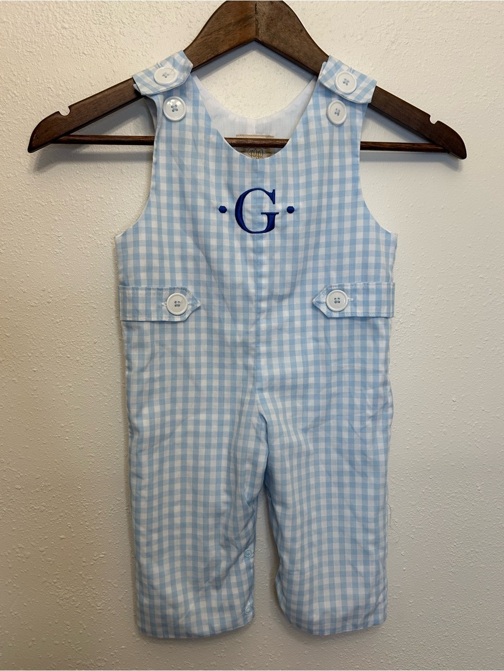 The Beaufort Bonnet Company Blue Plaid Letter G Embroidered Jon Jon Overalls